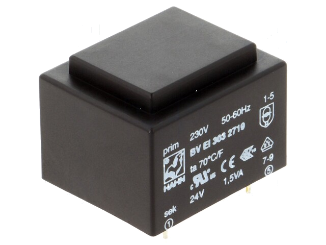 Transformator: ingegoten; 1,5VA; 230VAC; 24V; 63mA; PCB; BVEI Transformator: ingegoten; 1,5VA; 230VAC; 24V; 63mA; PCB; BVEI